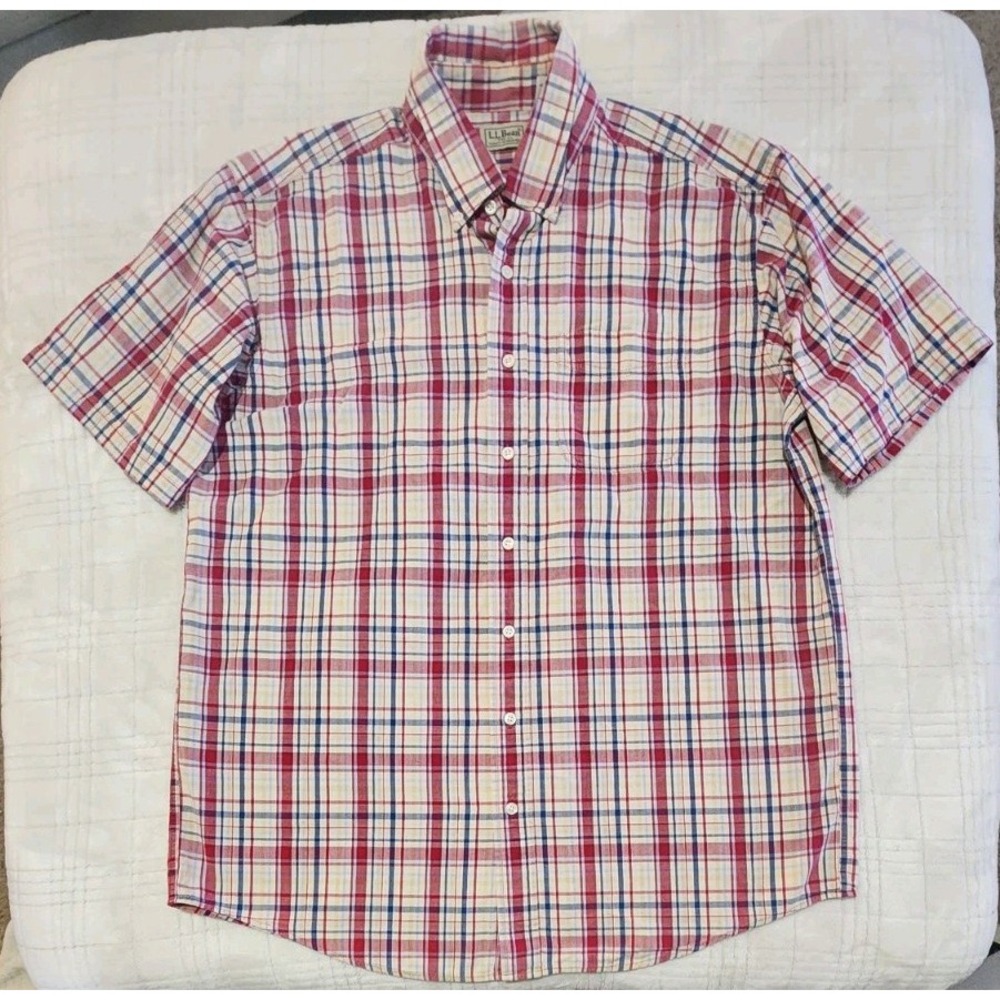LL Bean Men's Large Tall Tan Red Plaid Beige Down Short‎ Sleeve Shirt